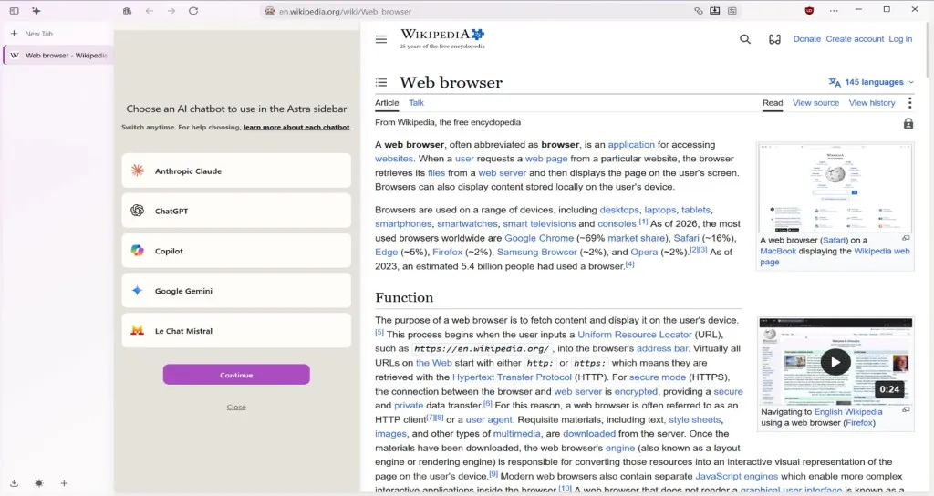 Astra Browser built-in AI sidebar