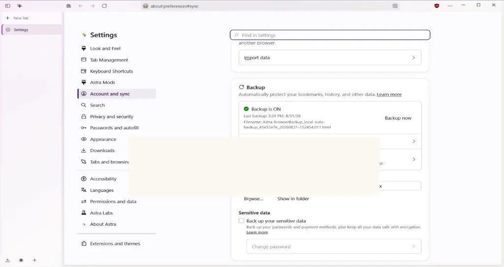 Astra Browser Local Auto-Backup settings
