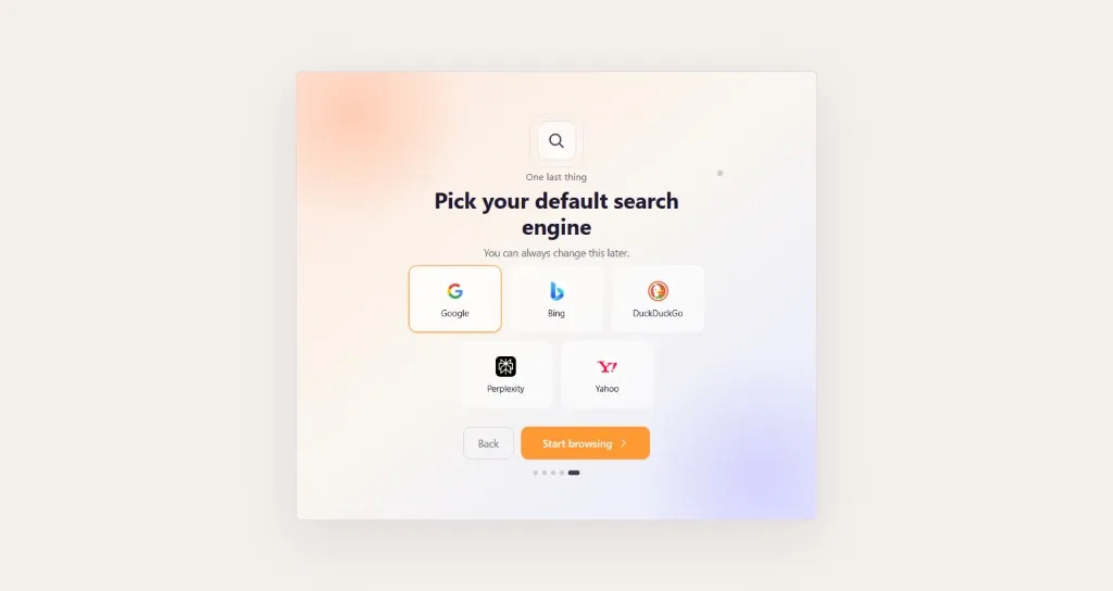 Astra Browser search engine selection