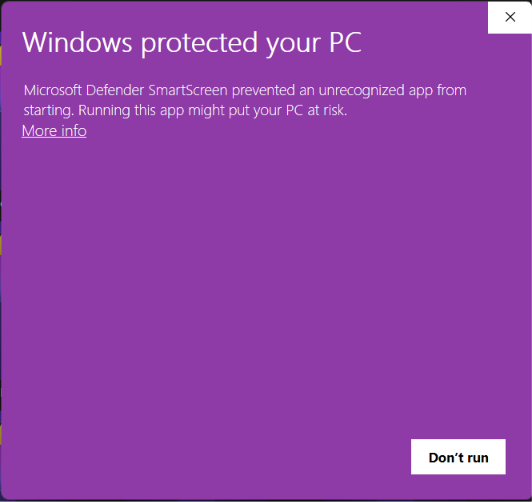 Windows SmartScreen warning with a More info link highlighted