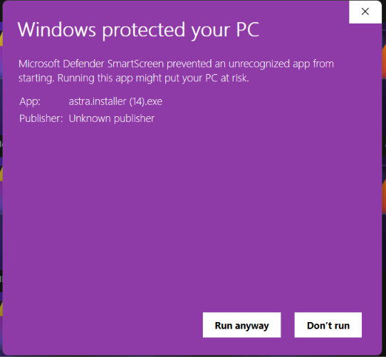 Windows SmartScreen screen showing the Run anyway button